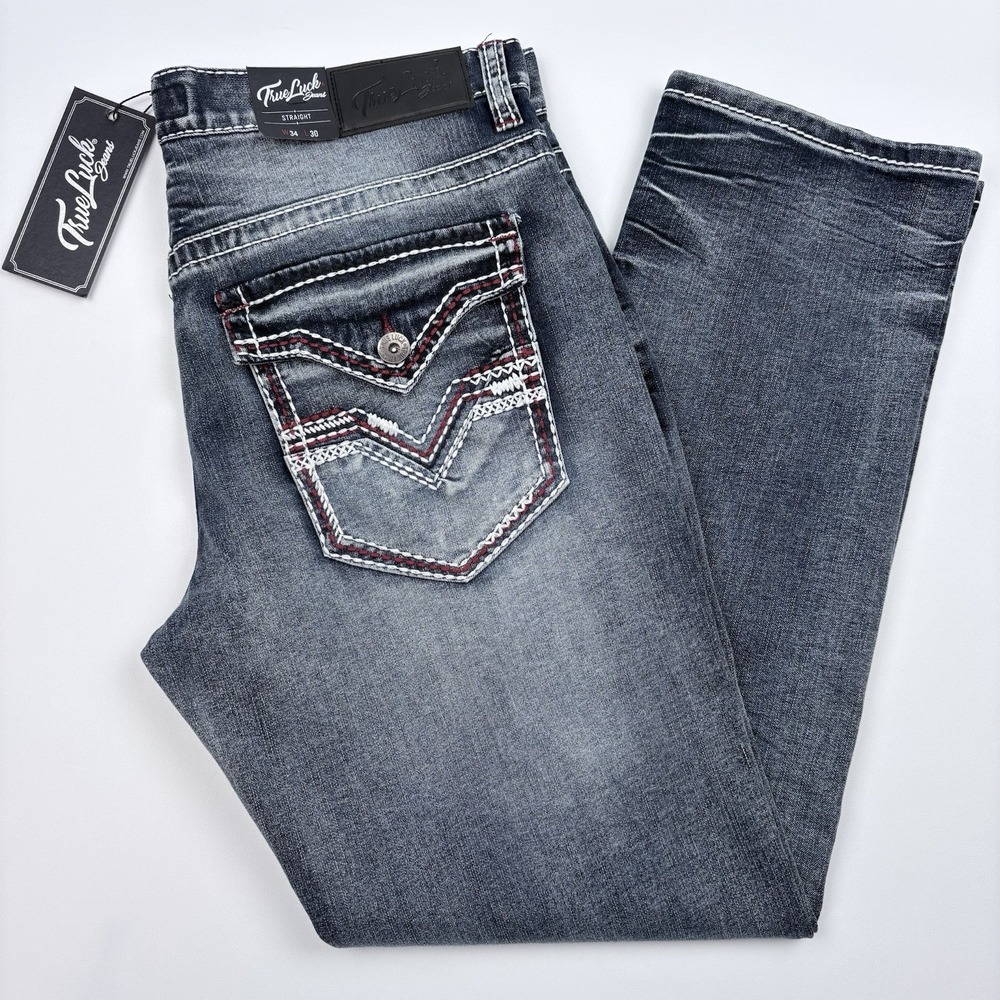 True Luck Mens Premium Jeans 34x30 Straight Classic Stretch Red White Thread